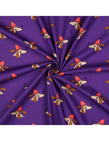 Tessuto popeline di cotone cani e cuori - Viola