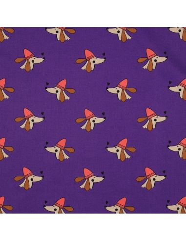 Tessuto popeline di cotone cani e cuori - Viola