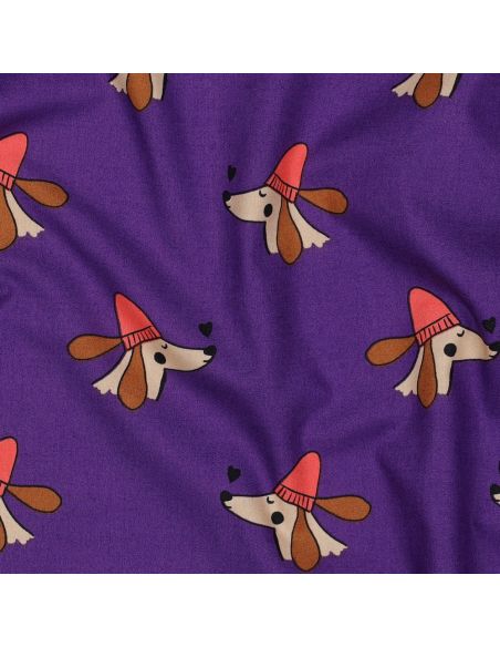 Tessuto popeline di cotone cani e cuori - Viola