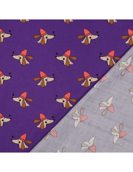 Tessuto popeline di cotone cani e cuori - Viola