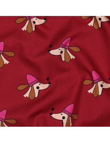 Tessuto popeline di cotone cani e cuori - Bordeaux