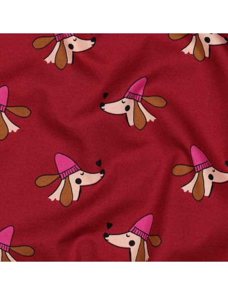 Tessuto popeline di cotone cani e cuori - Bordeaux