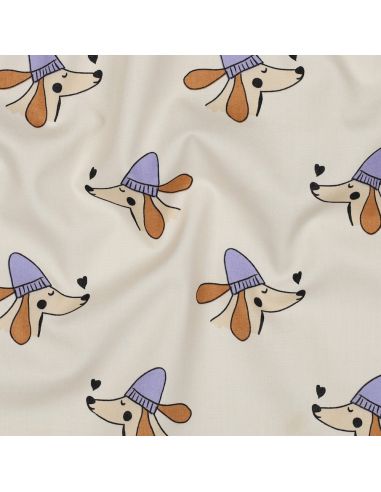 Tessuto popeline di cotone cani e cuori - Bianco sporco