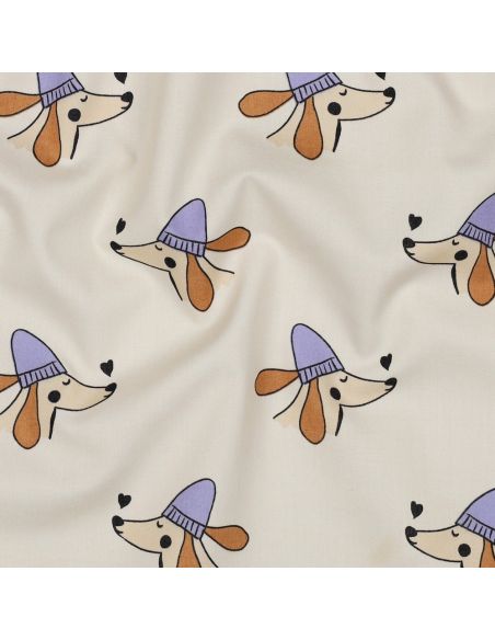Tessuto popeline di cotone cani e cuori - Bianco sporco