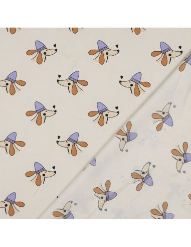 Tessuto popeline di cotone cani e cuori - Bianco sporco