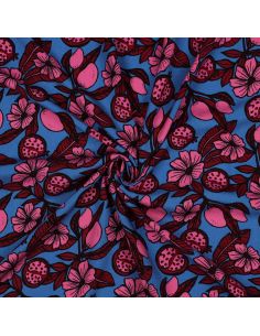 Tessuto in viscosa - Fiori rosa su sfondo blu