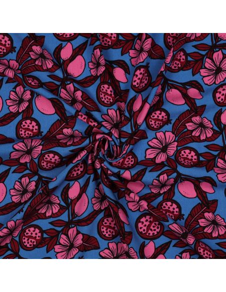 Tessuto in viscosa - Fiori rosa su sfondo blu