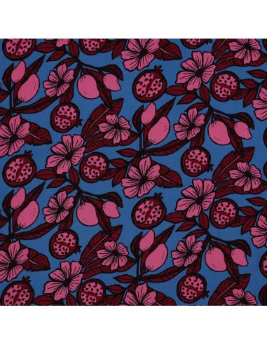 Tessuto in viscosa - Fiori rosa su sfondo blu