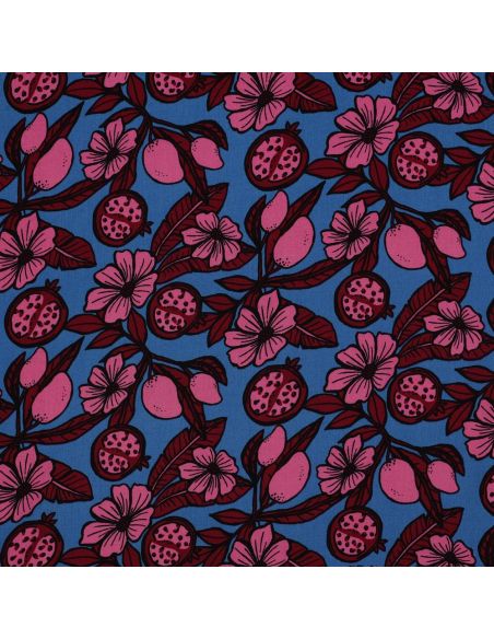 Tessuto in viscosa - Fiori rosa su sfondo blu