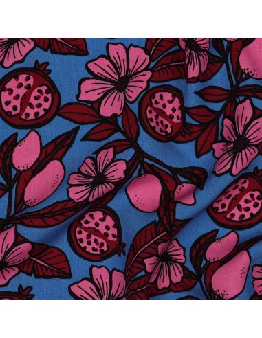 Tessuto in viscosa - Fiori rosa su sfondo blu