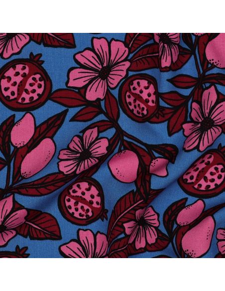 Tessuto in viscosa - Fiori rosa su sfondo blu