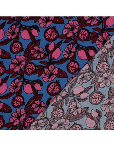Tessuto in viscosa - Fiori rosa su sfondo blu