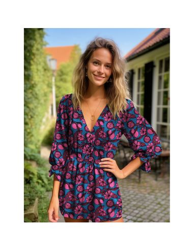 Tessuto in viscosa - Fiori rosa su sfondo blu
