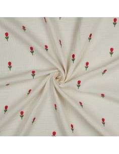 Tessuto doppia garza ricamato fiori - Naturale