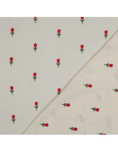 Tessuto doppia garza ricamato fiori - Naturale