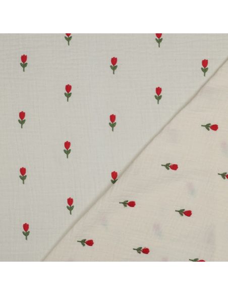 Tessuto doppia garza ricamato fiori - Naturale