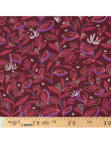 Tessuto popeline di cotone fiori e foglie - Bordeaux