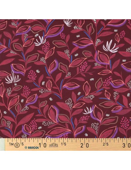 Tessuto popeline di cotone fiori e foglie - Bordeaux