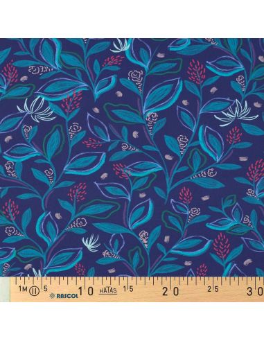 Tessuto popeline di cotone fiori e foglie - Blu