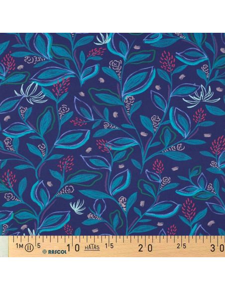 Tessuto popeline di cotone fiori e foglie - Blu