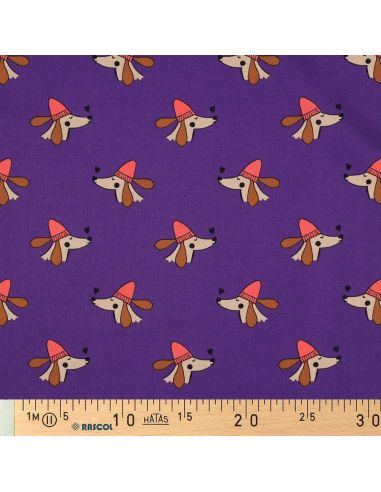 Tessuto popeline di cotone cani e cuori - Viola