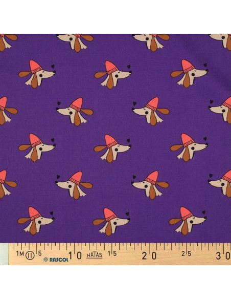 Tessuto popeline di cotone cani e cuori - Viola