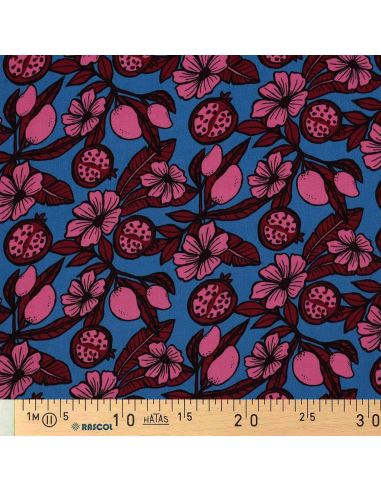 Tessuto in viscosa - Fiori rosa su sfondo blu