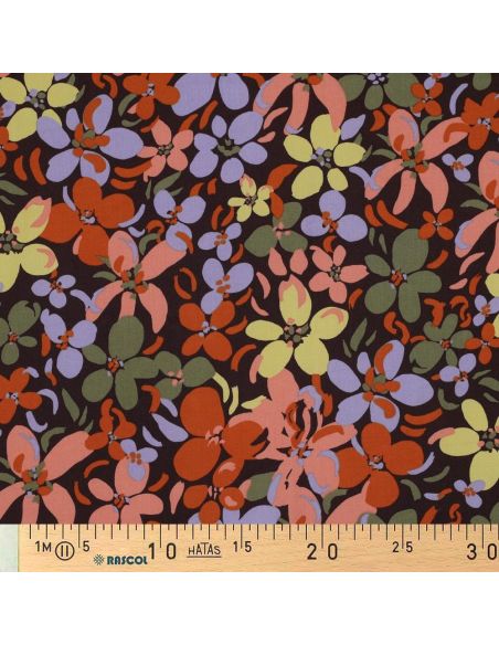 Tessuto in viscosa con fiori vivaci - Marrone scuro
