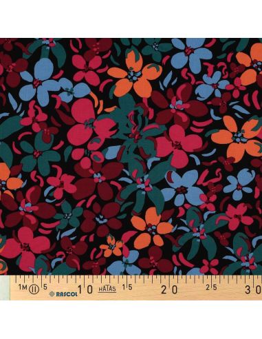 Tessuto in viscosa con fiori vivaci - Nero