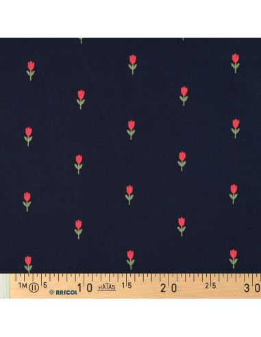 Tessuto doppia garza ricamato tulipani - Blu navy