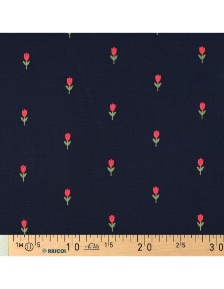 Tessuto doppia garza ricamato tulipani - Blu navy
