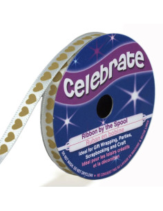 Nastro di raso Celebrate bianco con cuori dorati stampati - 6 mm x 4 metri