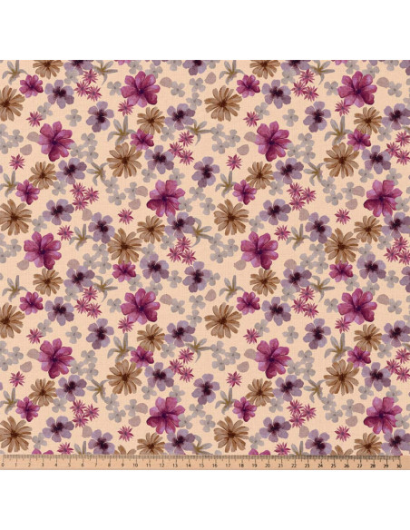 Tessuto popeline di cotone - Aster viola e pesca