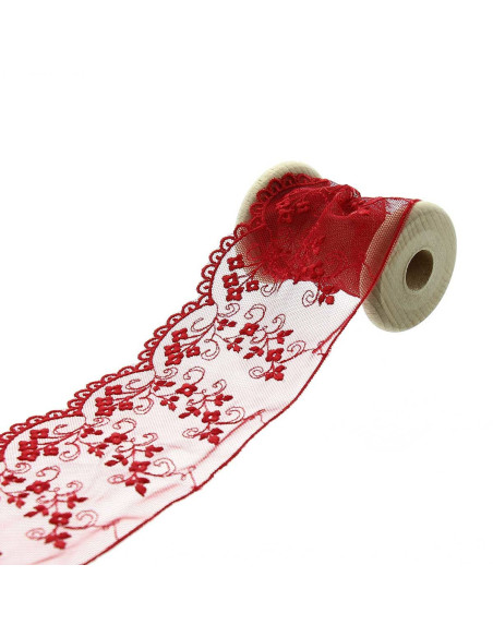 Pizzo ricamato su tulle - Rosso