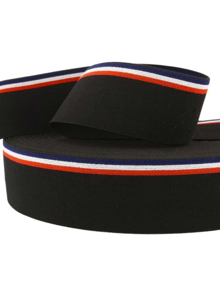Elastico fantasia a righe tricolore su sfondo nero 45 mm
