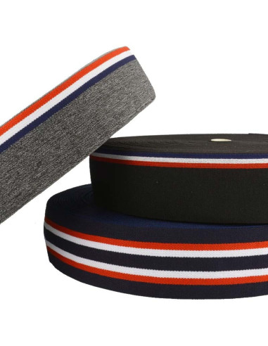 Elastico fantasia a righe tricolore su sfondo nero 45 mm