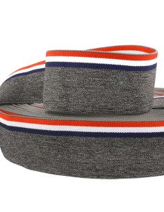Elastico fantasia a righe tricolore su sfondo grigio mélange 45 mm