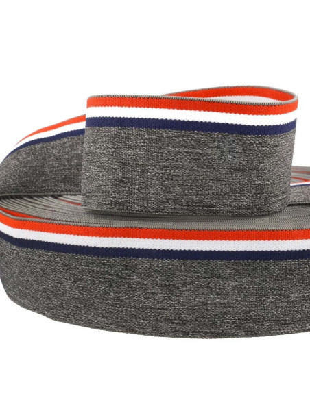 Elastico fantasia a righe tricolore su sfondo grigio mélange 45 mm
