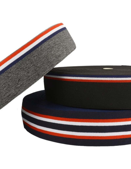 Elastico fantasia a righe tricolore su sfondo grigio mélange 45 mm