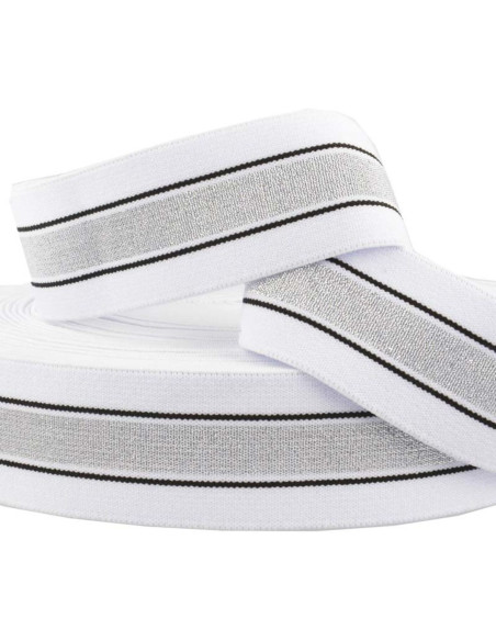 Elastico fantasia lurex a righe bianco e argento 40 mm
