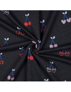 Tessuto felpato misto glitter ciliegie - Blu marino