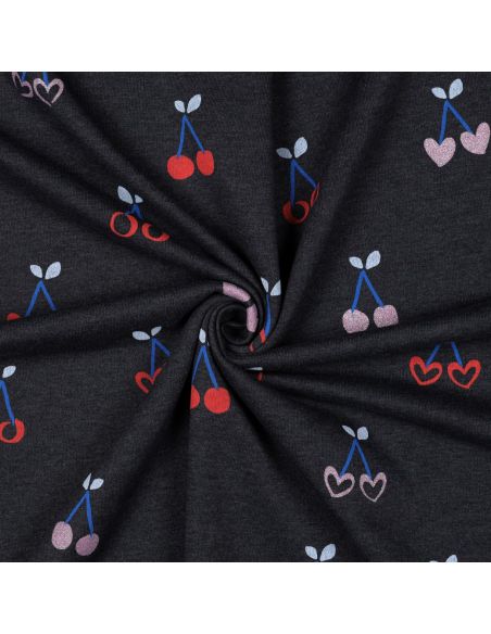Tessuto felpato misto glitter ciliegie - Blu marino