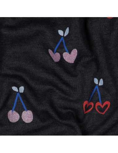 Tessuto felpato misto glitter ciliegie - Blu marino