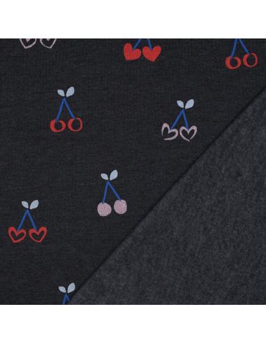 Tessuto felpato misto glitter ciliegie - Blu marino