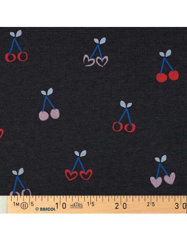 Tessuto felpato misto glitter ciliegie - Blu marino