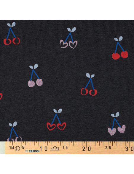 Tessuto felpato misto glitter ciliegie - Blu marino