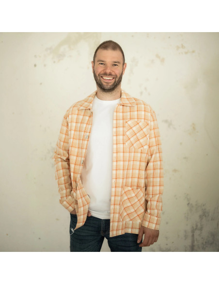 Tessuto flanella tartan scozzese - Beige a righe arancioni