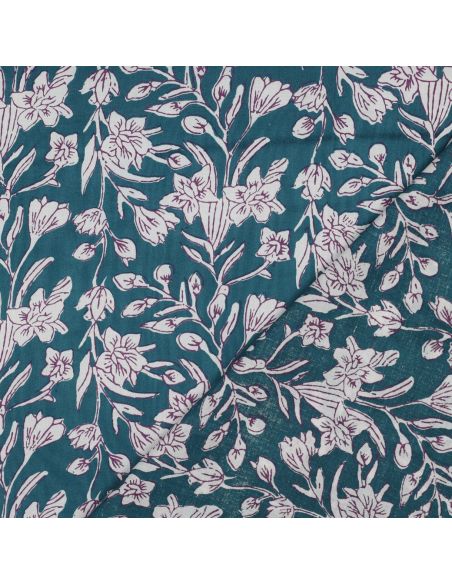 Tessuto di cotone indiano block print Kirine - Blu petrolio