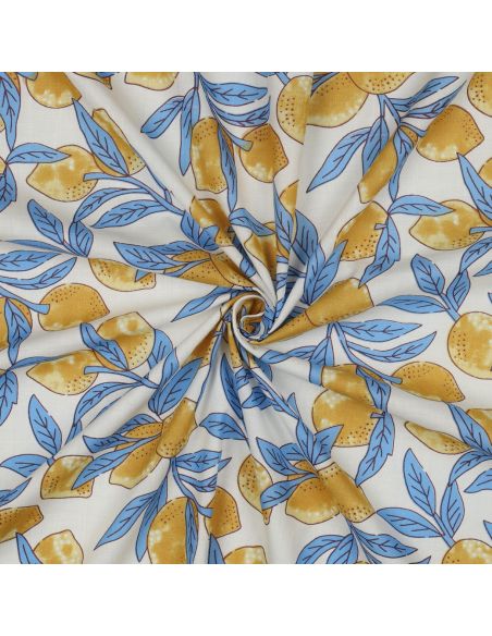 Tessuto di cotone indiano block print Limoni - Foglie blu