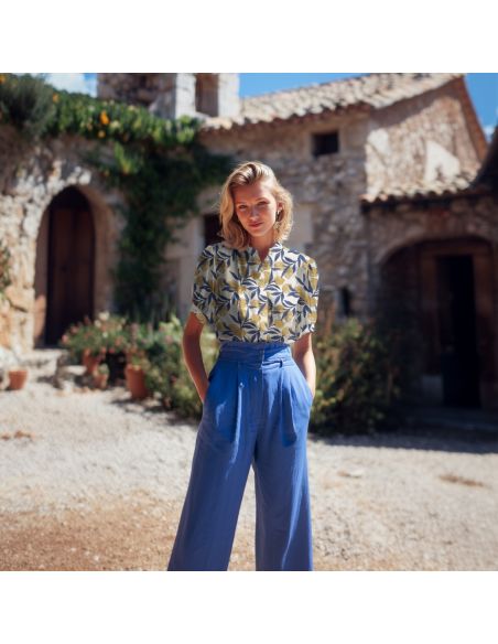 Tessuto di cotone indiano block print Limoni - Foglie blu